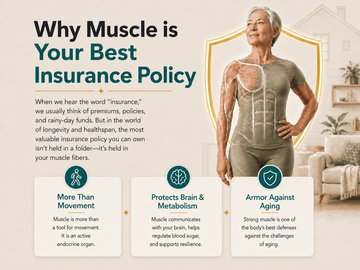 Infographic showing an older woman flexing inside a shield, with three callouts: muscle as more than movement, protection for brain and metabolism, and armor against aging