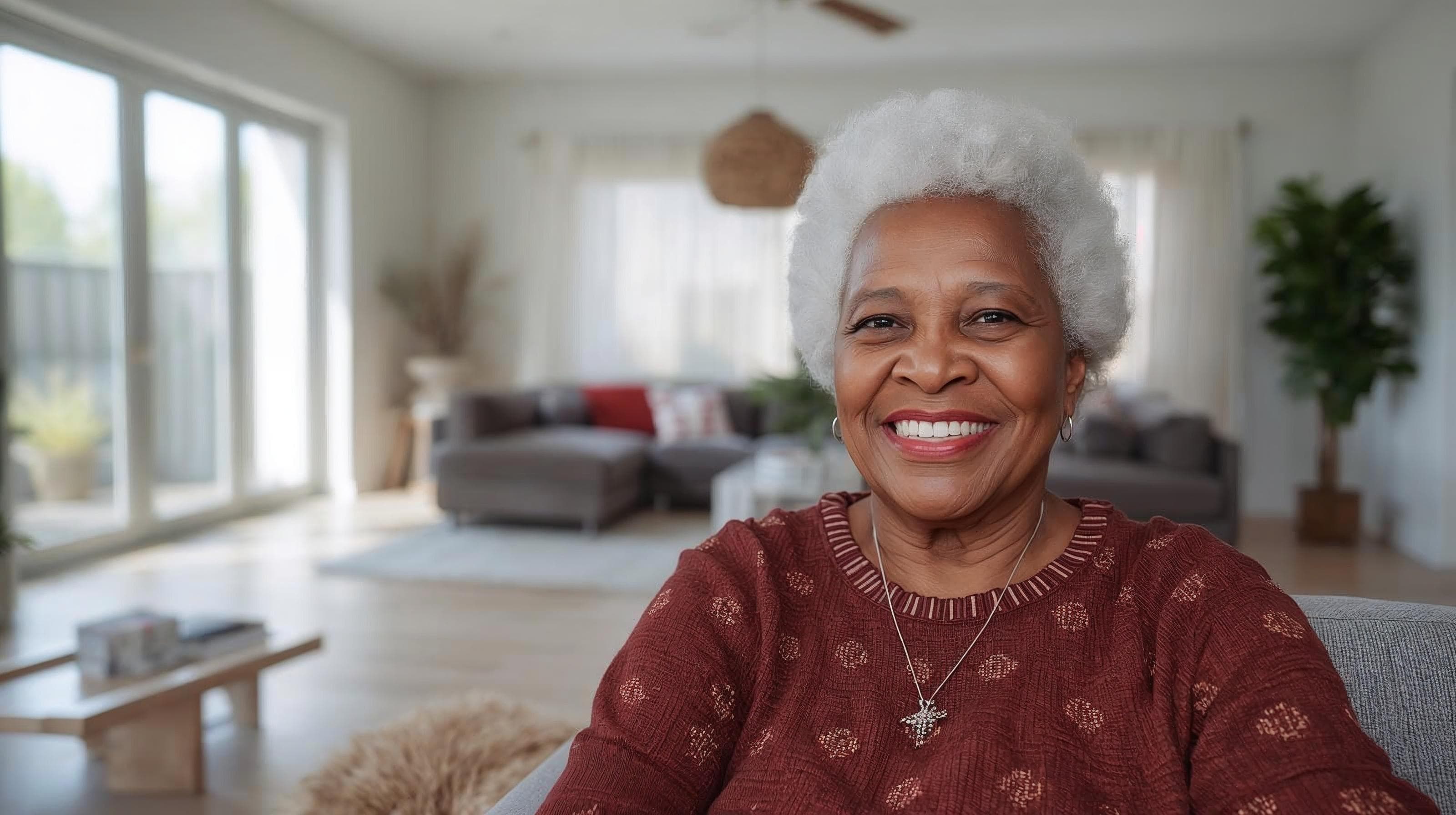 Smiling senior woman sitting on a couch in her living room