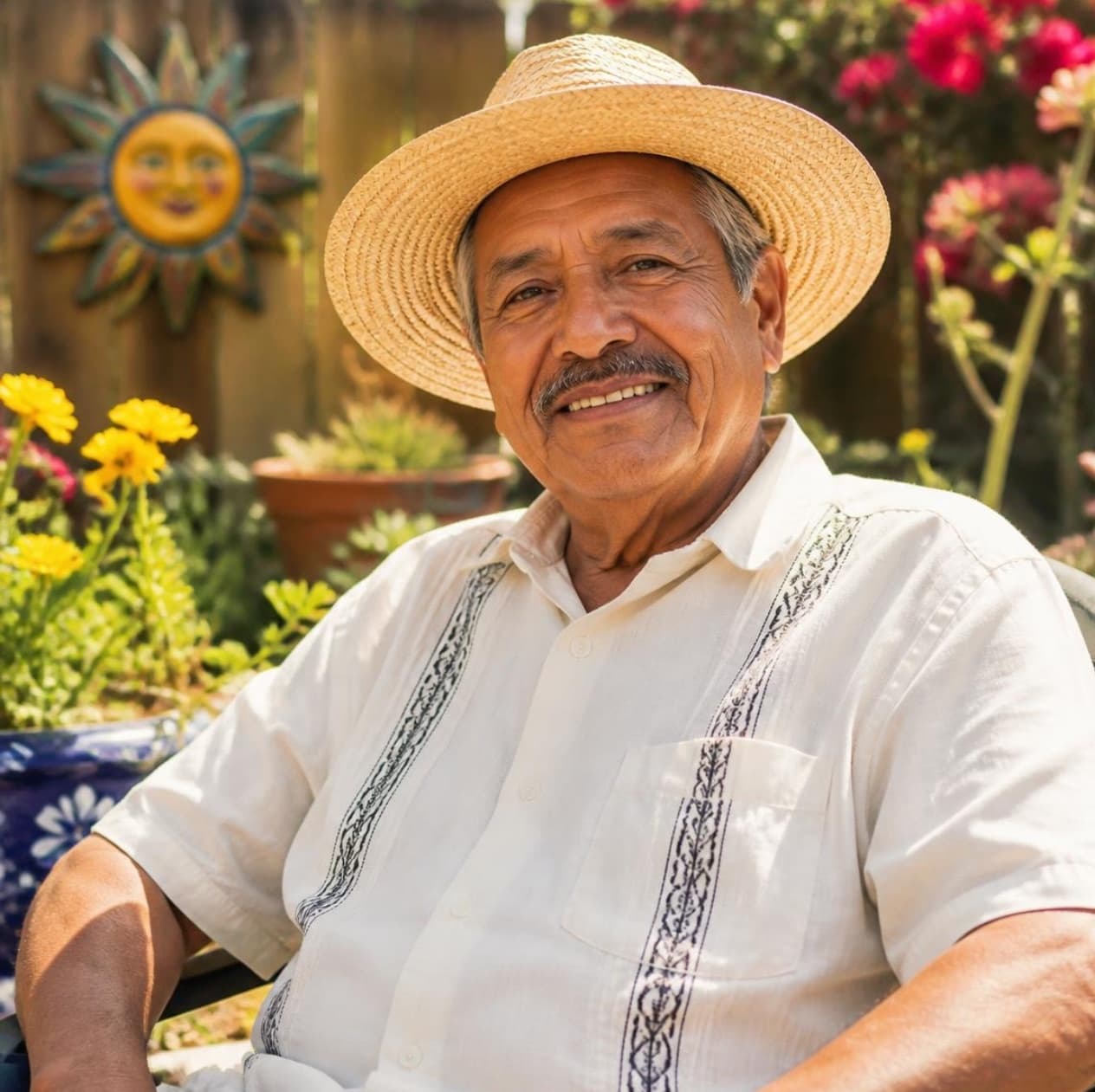 Smiling older man in a straw hat sitting in a sunlit garden surrounded by flowers